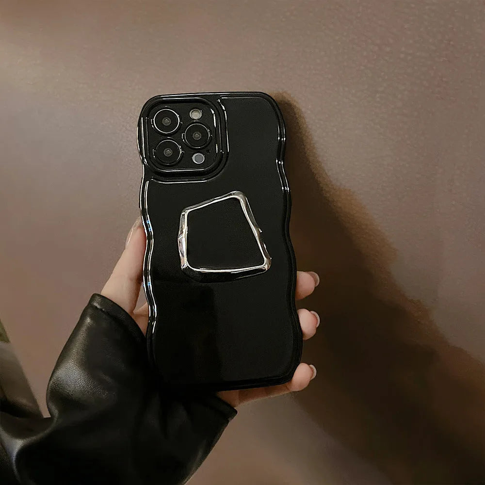 Black metallic TPU phone case with dark bracket and wave pattern for Apple iPhone