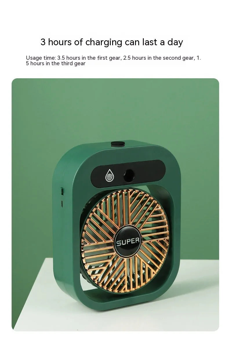 Green and white USB rechargeable portable desk fan with misting humidifier function and adjustable wind direction.