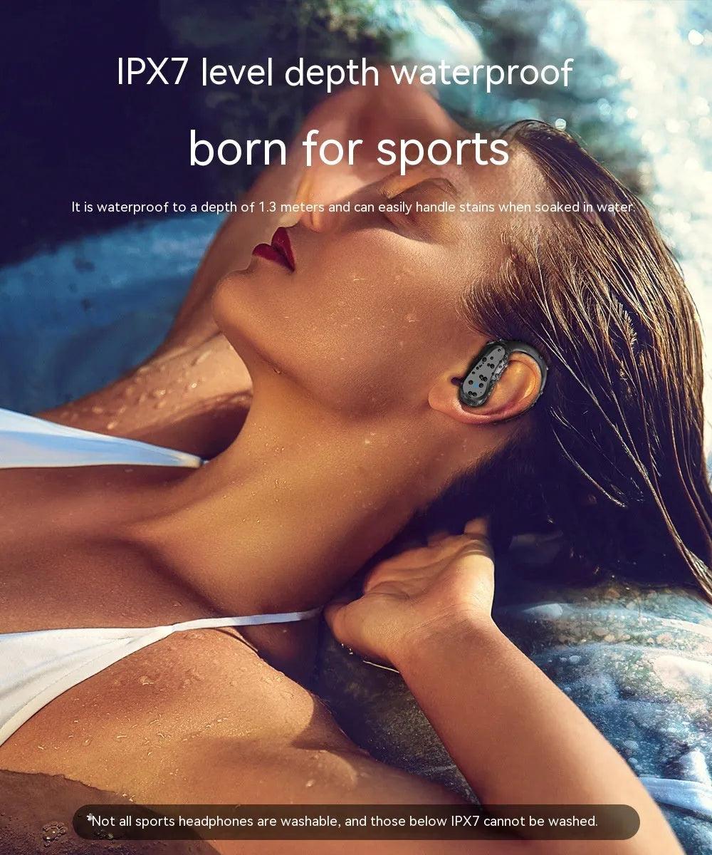 Black IPX7 waterproof ear-mounted sports wireless Bluetooth headset with silicone ear hooks and charging case