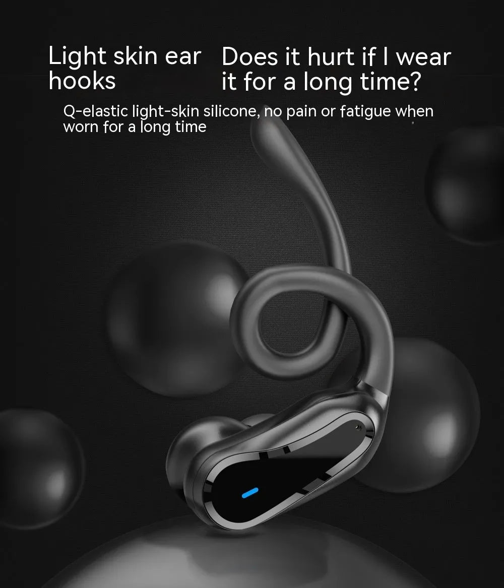 Black IPX7 waterproof ear-mounted sports wireless Bluetooth headset with silicone ear hooks and charging case