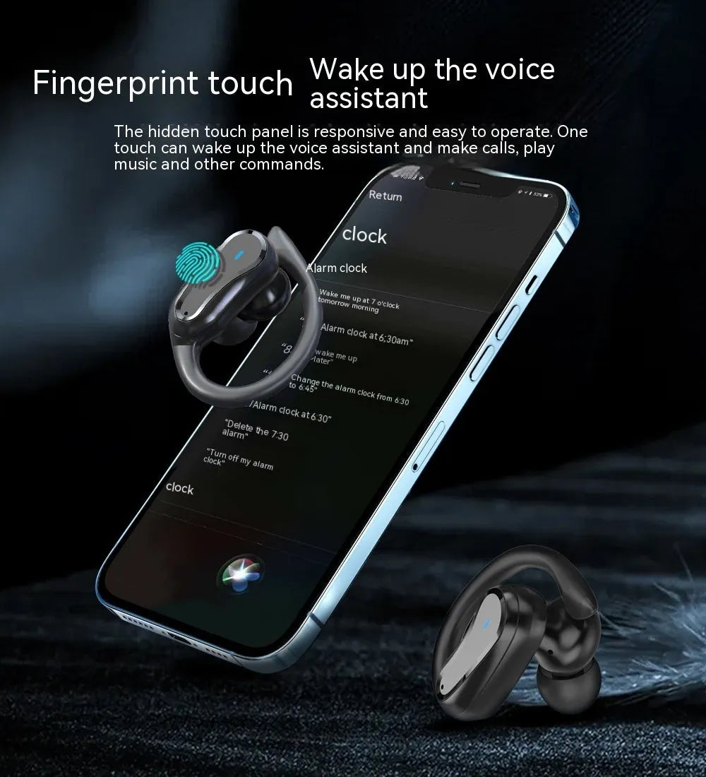 Black IPX7 waterproof ear-mounted sports wireless Bluetooth headset with silicone ear hooks and charging case