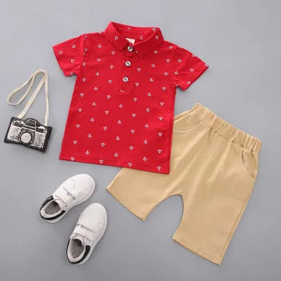 Anchor printed toddler pants suit in cotton, includes short sleeve top and trousers.
