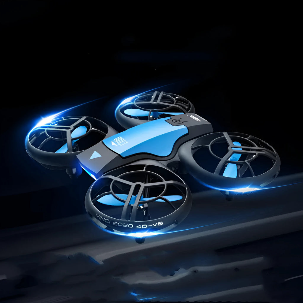 Blue or orange V8 mini remote control drone with propellers, showing compact size under 30cm.