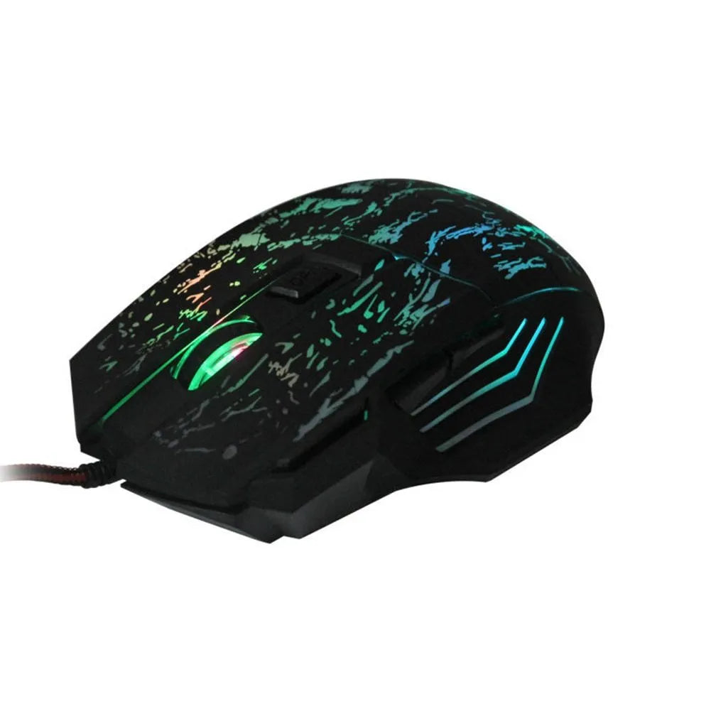 Wired computer gaming mouse with transparent black shell, luminous LED, seven buttons, four-way scroll wheel, USB cable, 127x85x37mm