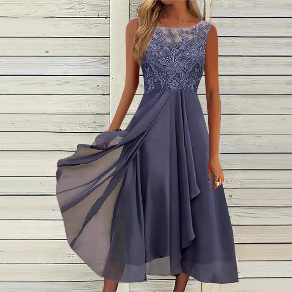 Women's sleeveless chiffon dress with lace hollow-out stitching in green, shown in a mid-length princess style.