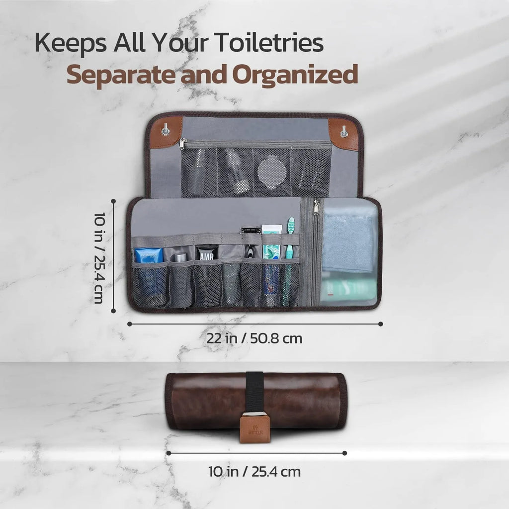 Men's portable PU travel wash bag in simple modern design, black and light brown colour options