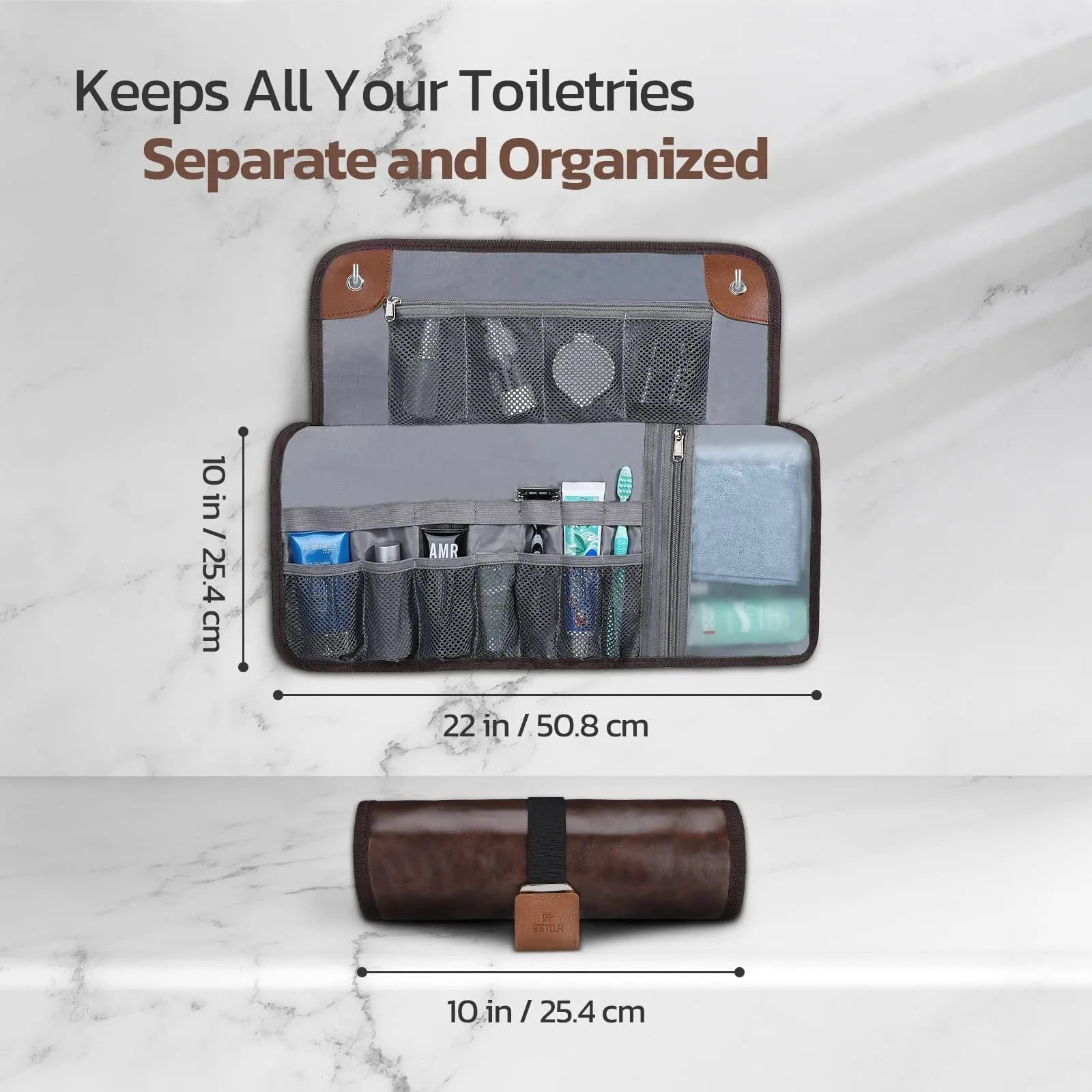 Men's portable PU travel wash bag in simple modern design, black and light brown colour options