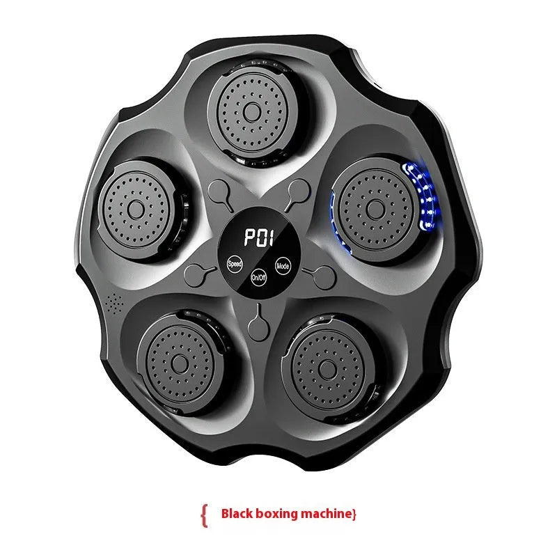 Black Bluetooth music boxing wall target hanging on a wall with an adult boxing glove.