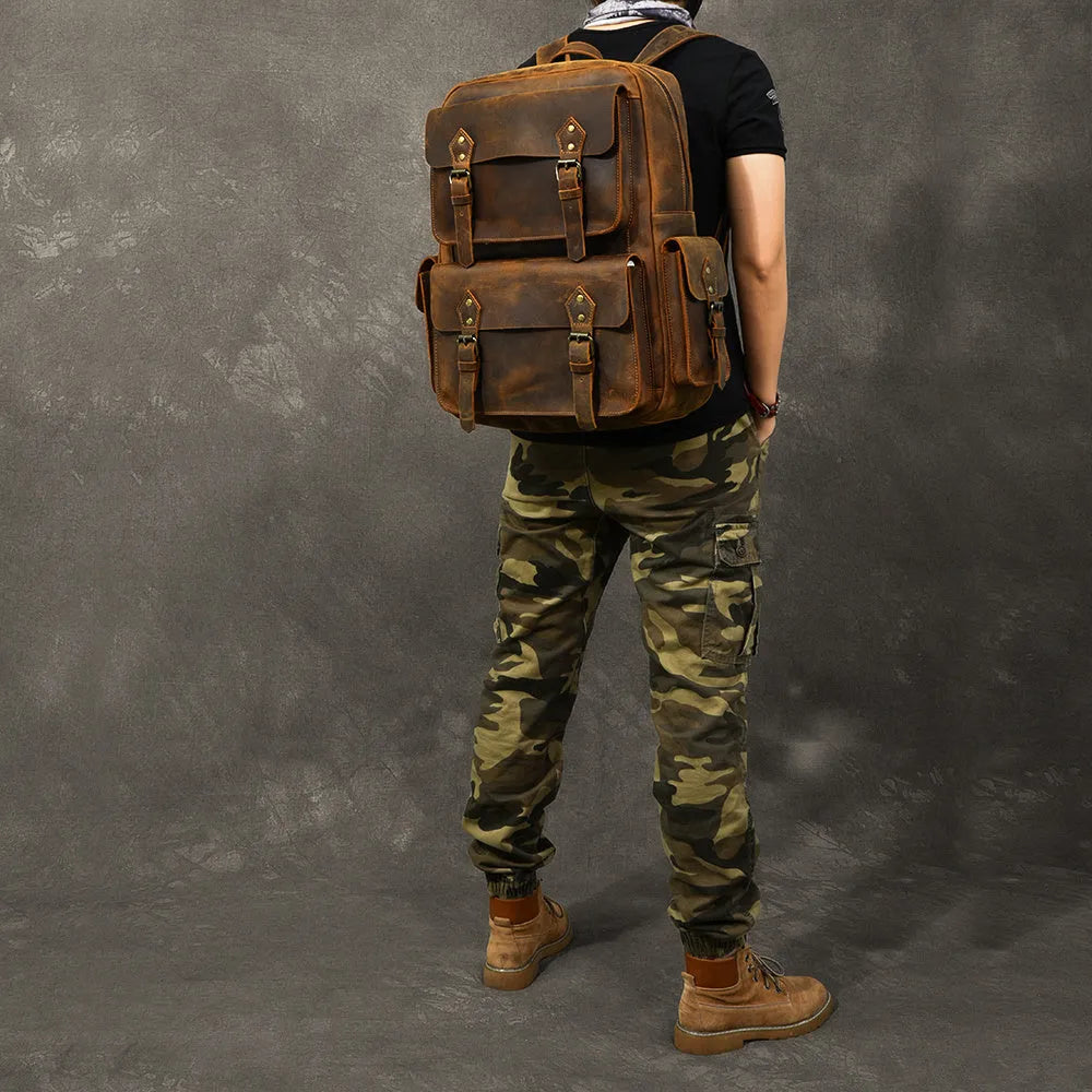 Crazy Horse leather backpack coffee colour vintage cowhide rucksack with adjustable strap