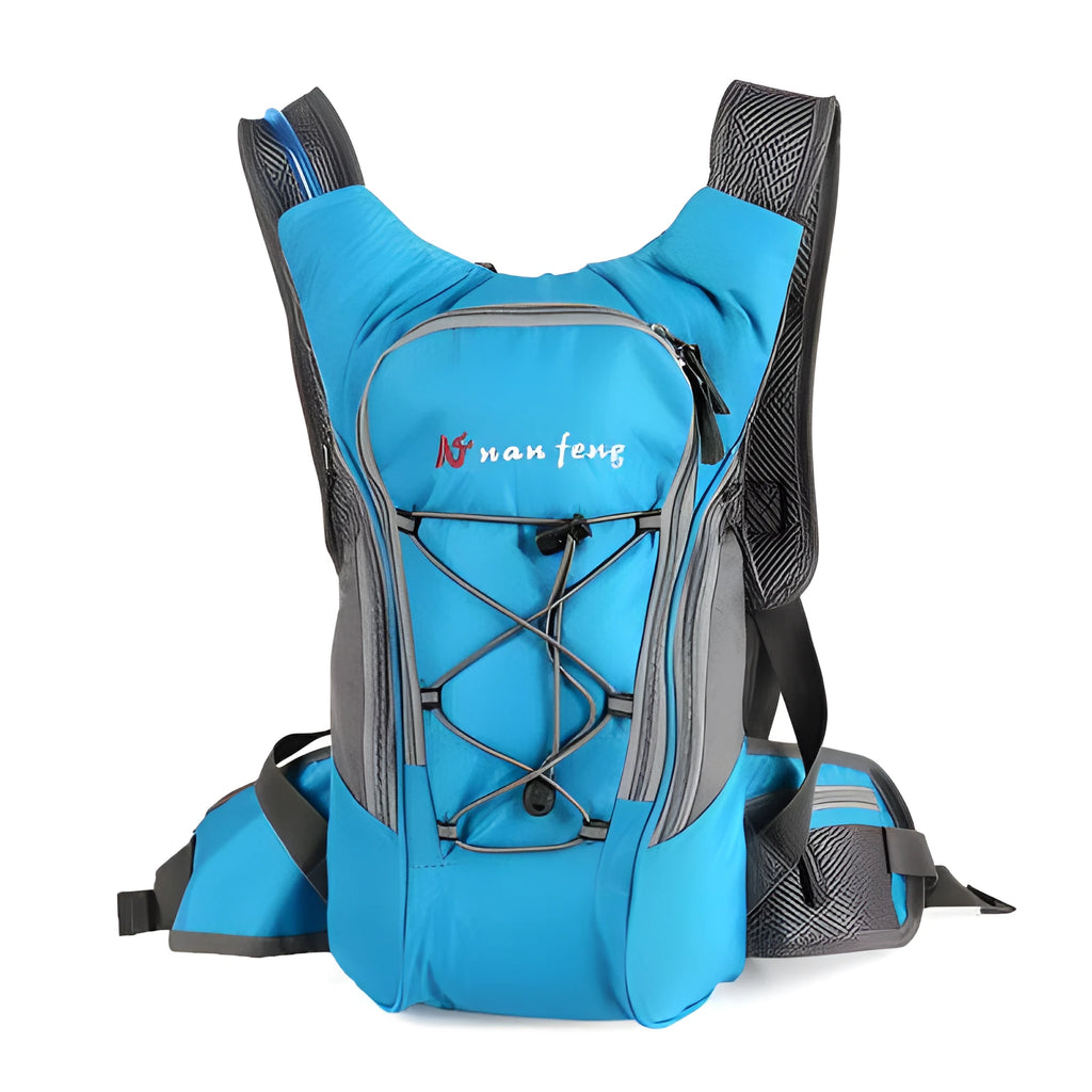 Sports outdoor bag with 10L capacity in black, blue, and orange, made from polyester, for bicycle riding and hiking