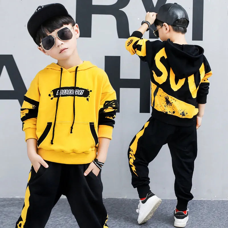Boy's black and yellow hooded cotton sports suit two-piece set with long sleeves and trousers