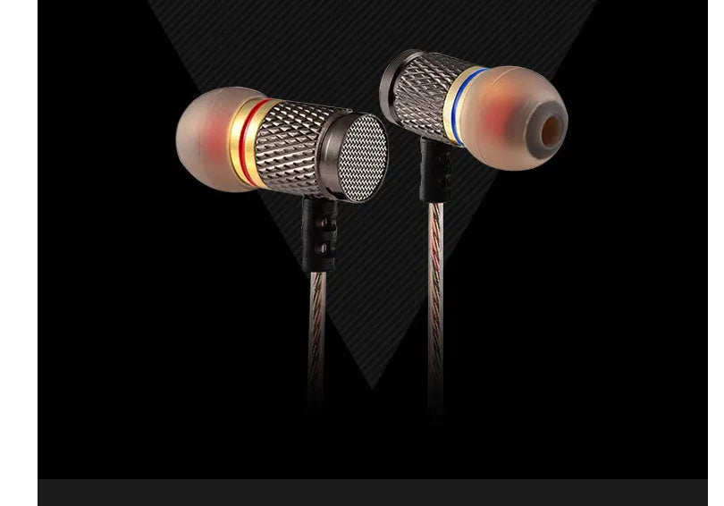Close-up of wired in-ear headphones with metal housing, silicone cable, and TPE earplugs shown in standard and with microphone styles.