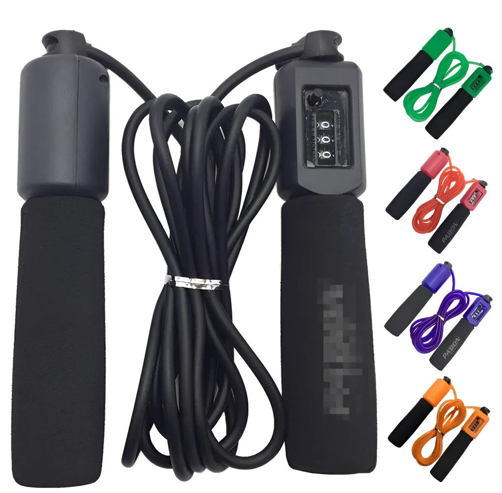 A skipping rope with foam handles showing its full 3-metre length, available in black, blue, green, and red.