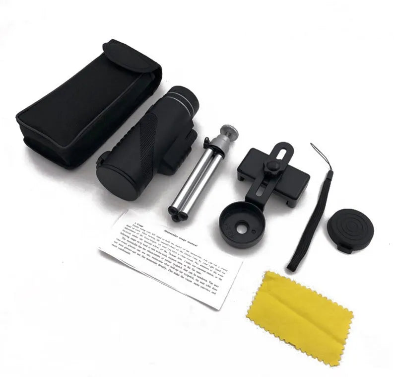 Black HD 40x60 cellphone telescope monocular with 40x magnification shown next to a smartphone.