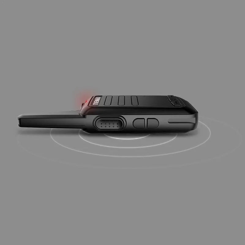 TIENGU black handheld two-way radio with antenna, LED flashlight, and back clip on a plain background