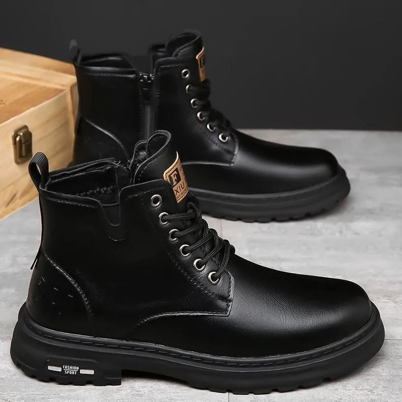 Men's black Martin boots with thick rubber soles and lace-up front, showing round toe and calf-height design