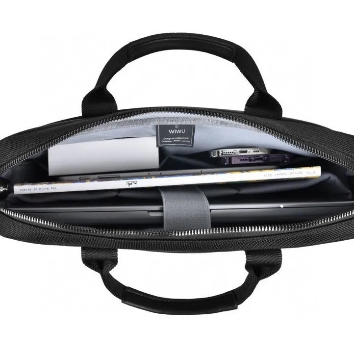 Black Oxford cloth laptop handbag with multiple compartments and a lock, shown in 14-inch and 15.6-inch sizes.
