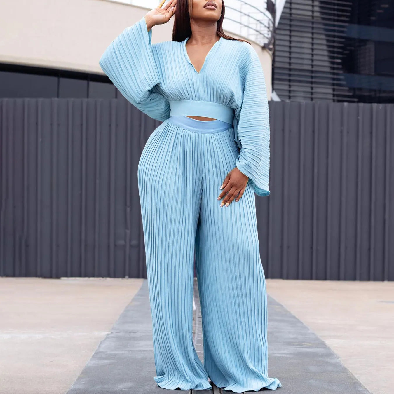 African suit two-piece set with batwing sleeve top and wide leg trousers in red or sapphire blue