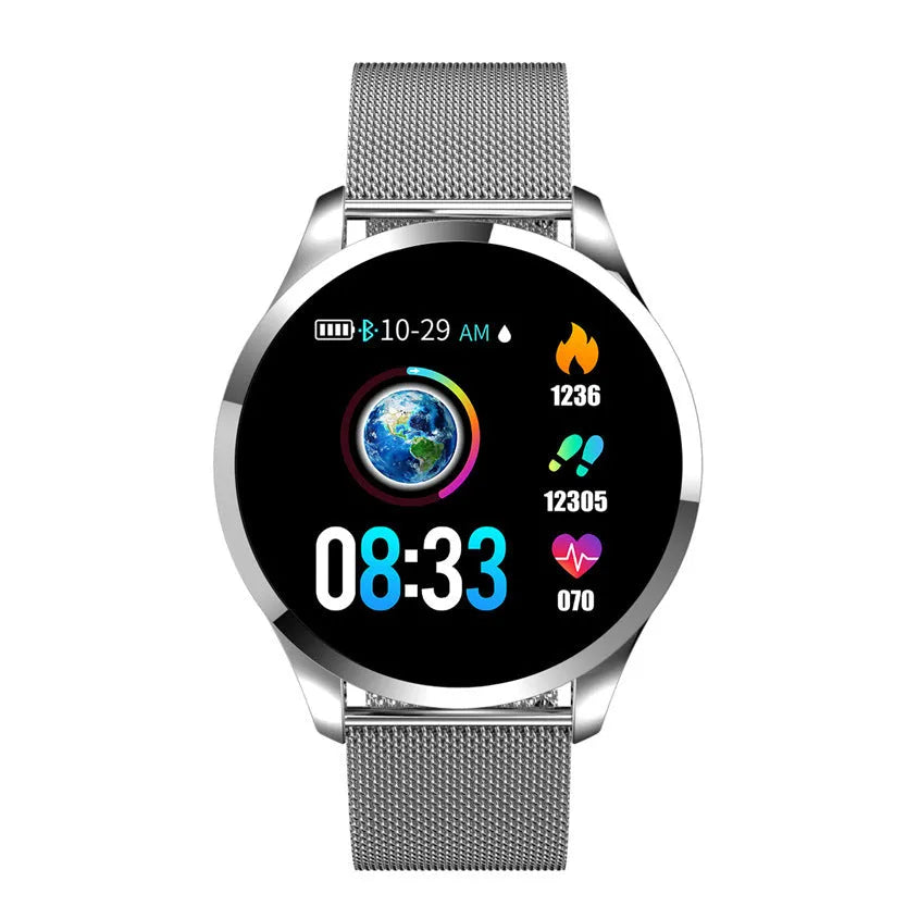 Round screen smart watch with 1.2 inch IPS colour display showing heart rate monitoring on a wrist