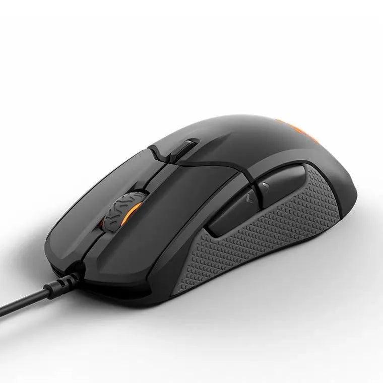 Wired mechanical gaming mouse in black with ergonomic shape, 12000 DPI, six buttons, and USB cable