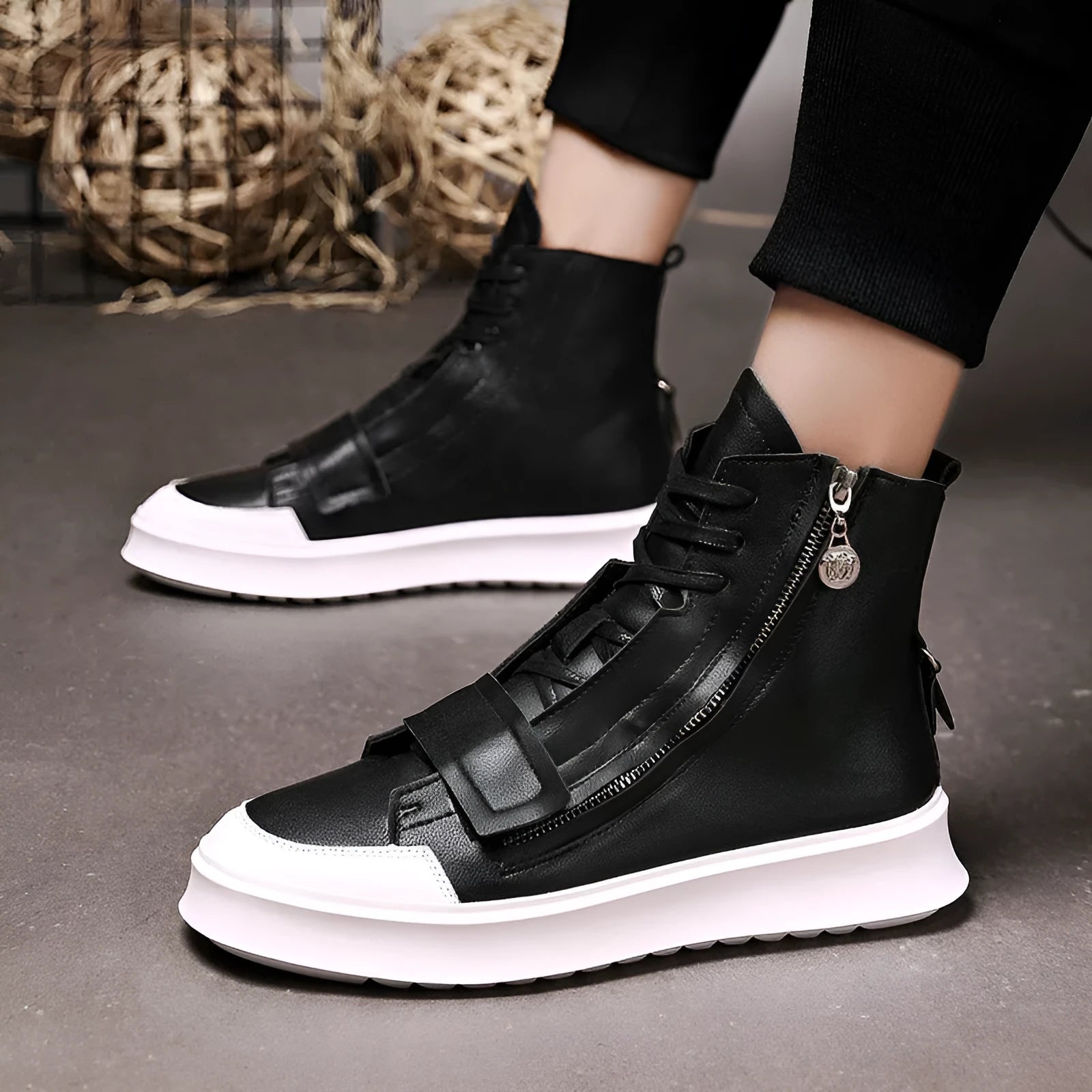 Men's black and white PU leather high-top ankle boots for winter, showing sneaker-style design.