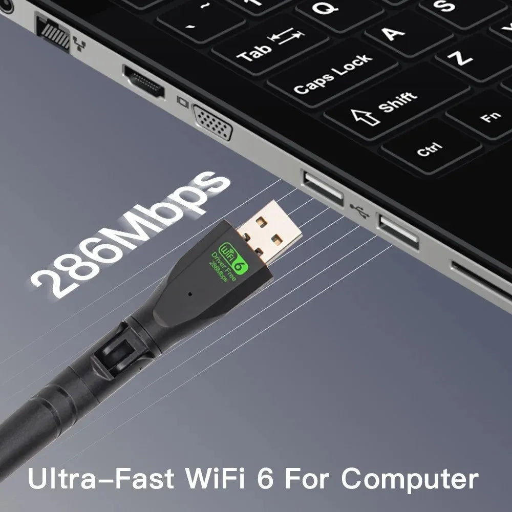 Black USB WiFi 6 wireless network card adapter on a white background.