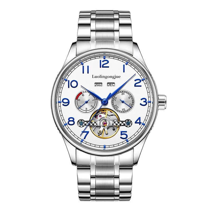 Men's silver stainless steel mechanical watch with white dial and brown leather strap.