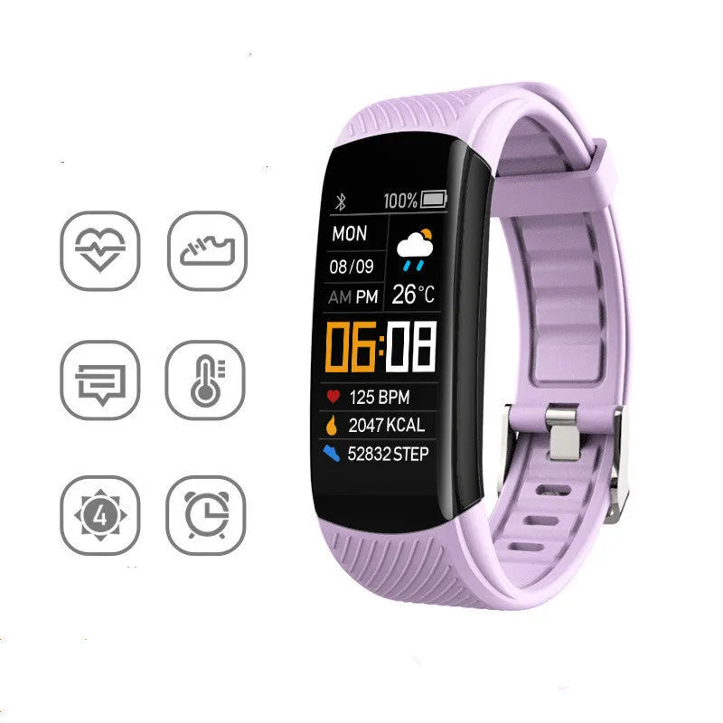 C5S model black waterproof smart fitness bracelet with 0.96-inch screen on a wrist.