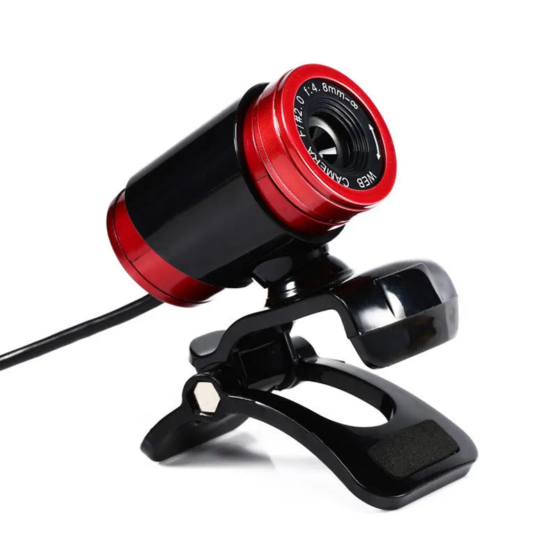 HD computer camera with 12.0M pixels, manual focus ring, and built-in microphone on a black stand
