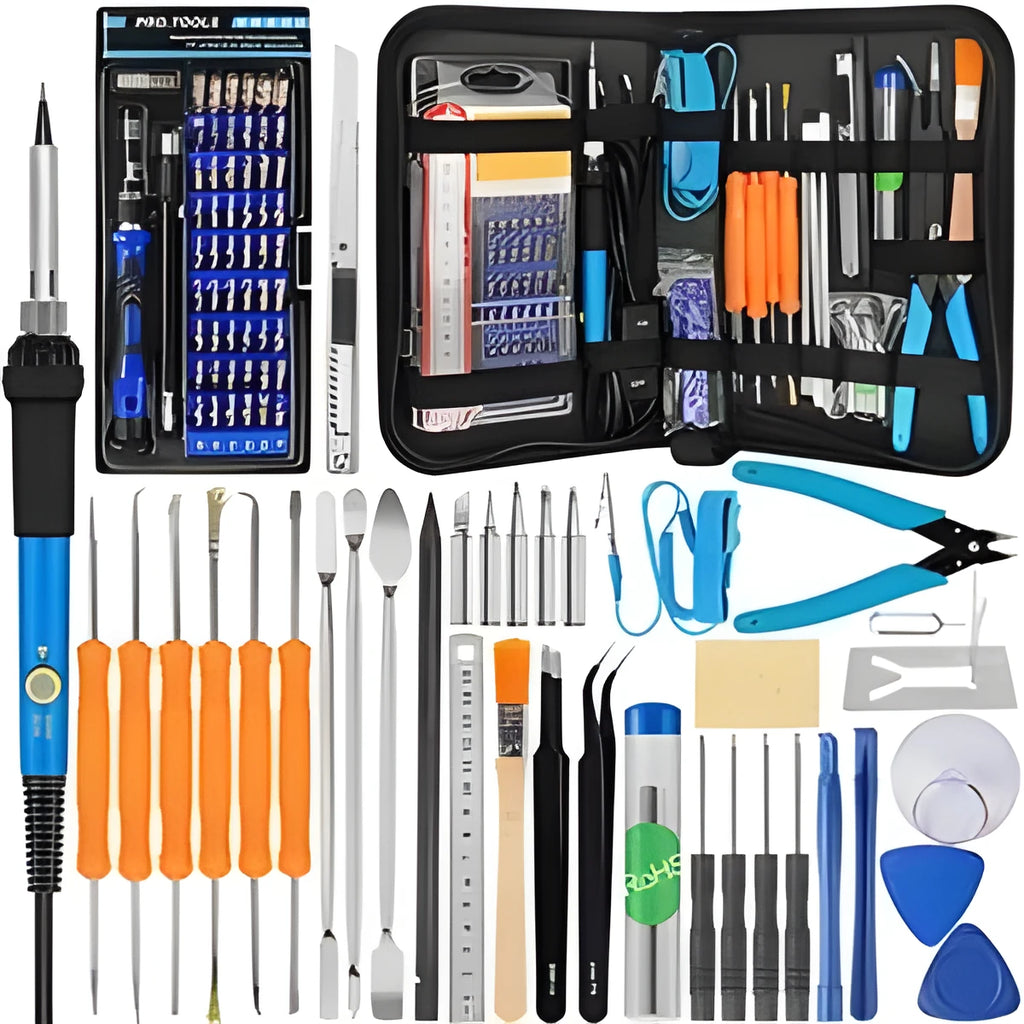 Handskit electronics repair toolkit showing soldering iron, screwdriver set, tweezers, and tools in a black carry bag.