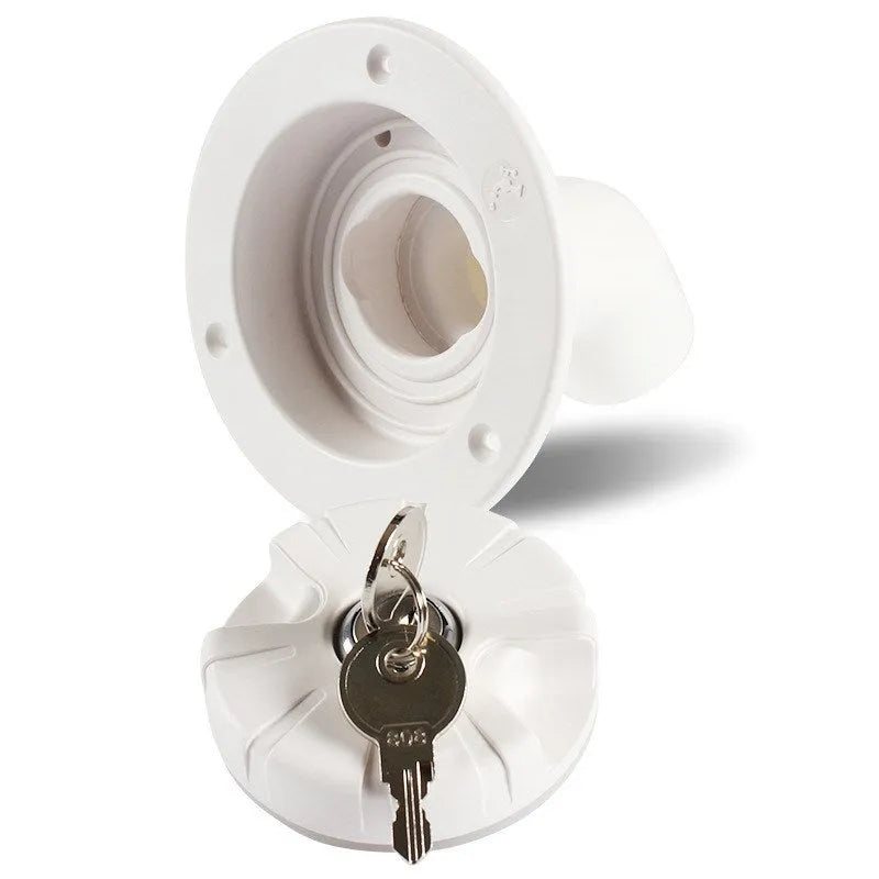 White RV gravity water filling port with 80mm hole size and 38mm pipe inner diameter mounted on panel