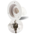 White RV gravity water filling port with 80mm hole size and 38mm pipe inner diameter mounted on panel