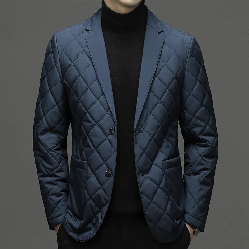 Men's thick lapel winter down jacket in black, shown with side seam pockets.