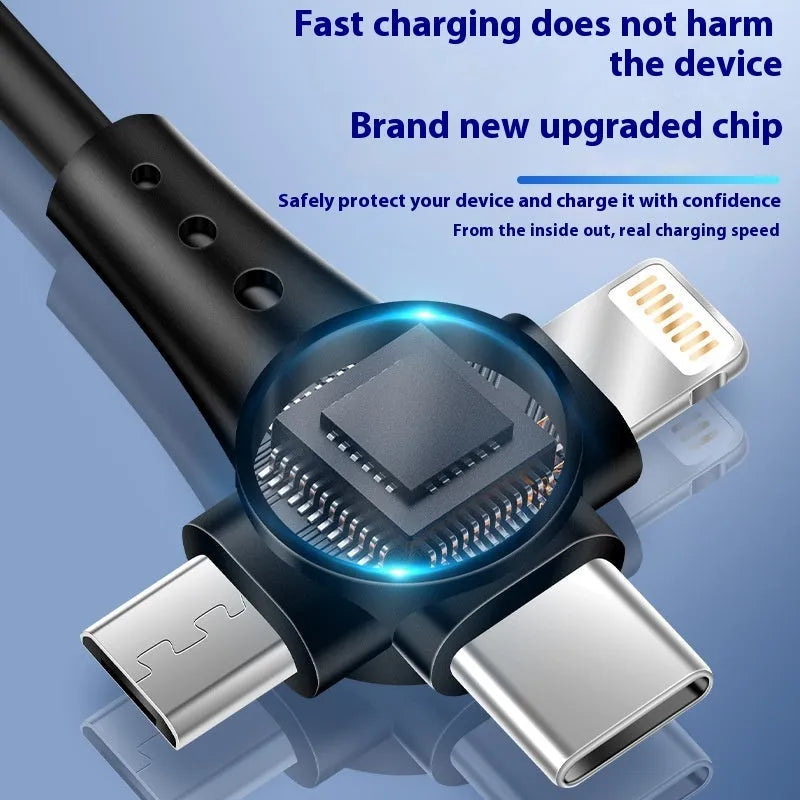 Black telescopic spring data cable with Lightning, Micro USB, and USB Type-C connectors extended to full length.