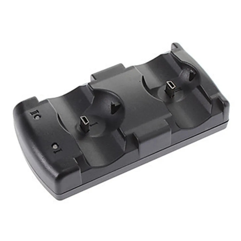 Black dual charging dock for PlayStation 3 with two controllers placed on charging contacts