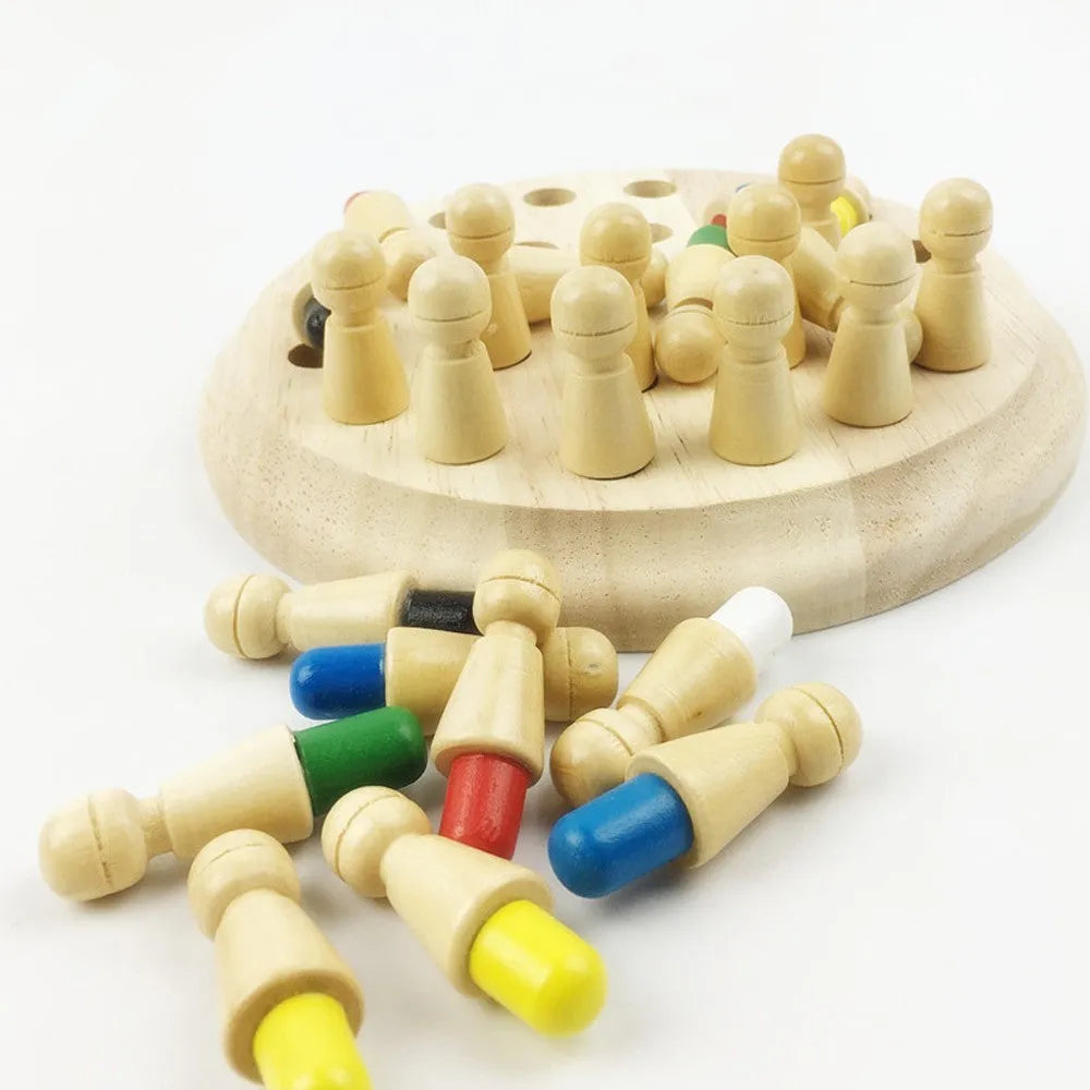 Montessori wooden memory match stick chess game with green varnish finish and checkerboard for colour recognition