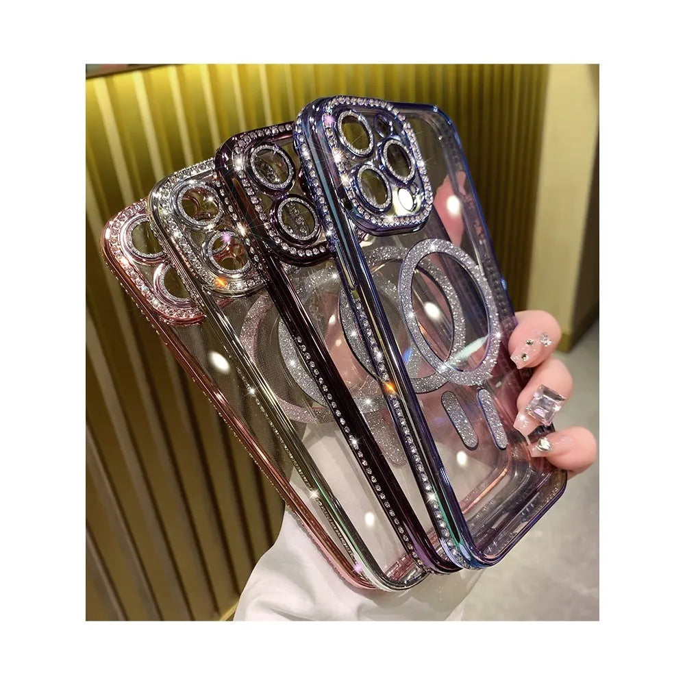Wireless magnetic iPhone case in deep purple colour showing soft silicone back and electroplated detail.