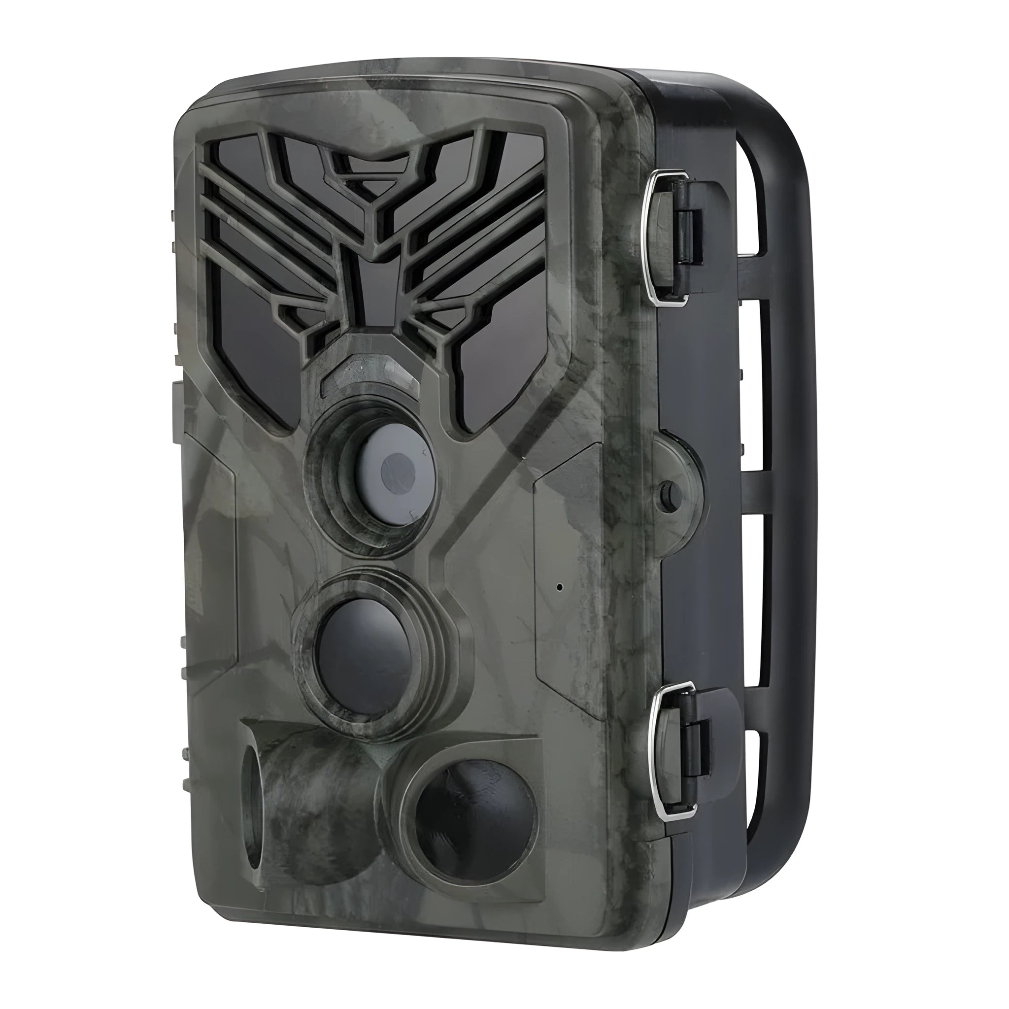 Wi-Fi830 compact trail camera showing lens, infrared LEDs, and belt mount strap.
