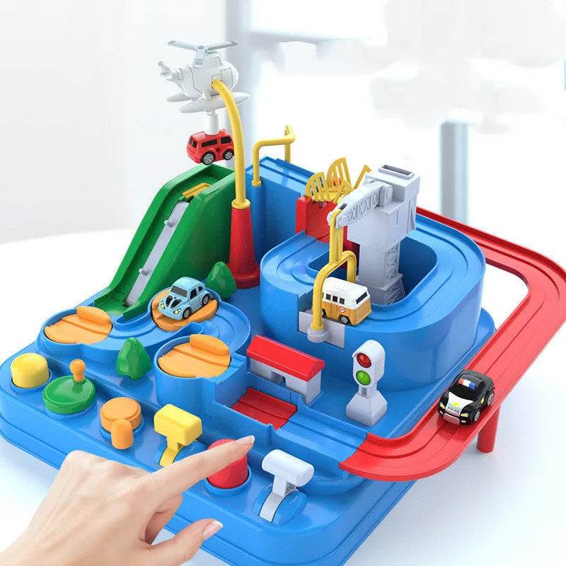 Big Adventure plastic toy set with multi-level parking garage, car tracks, and toy vehicles laid out for play.