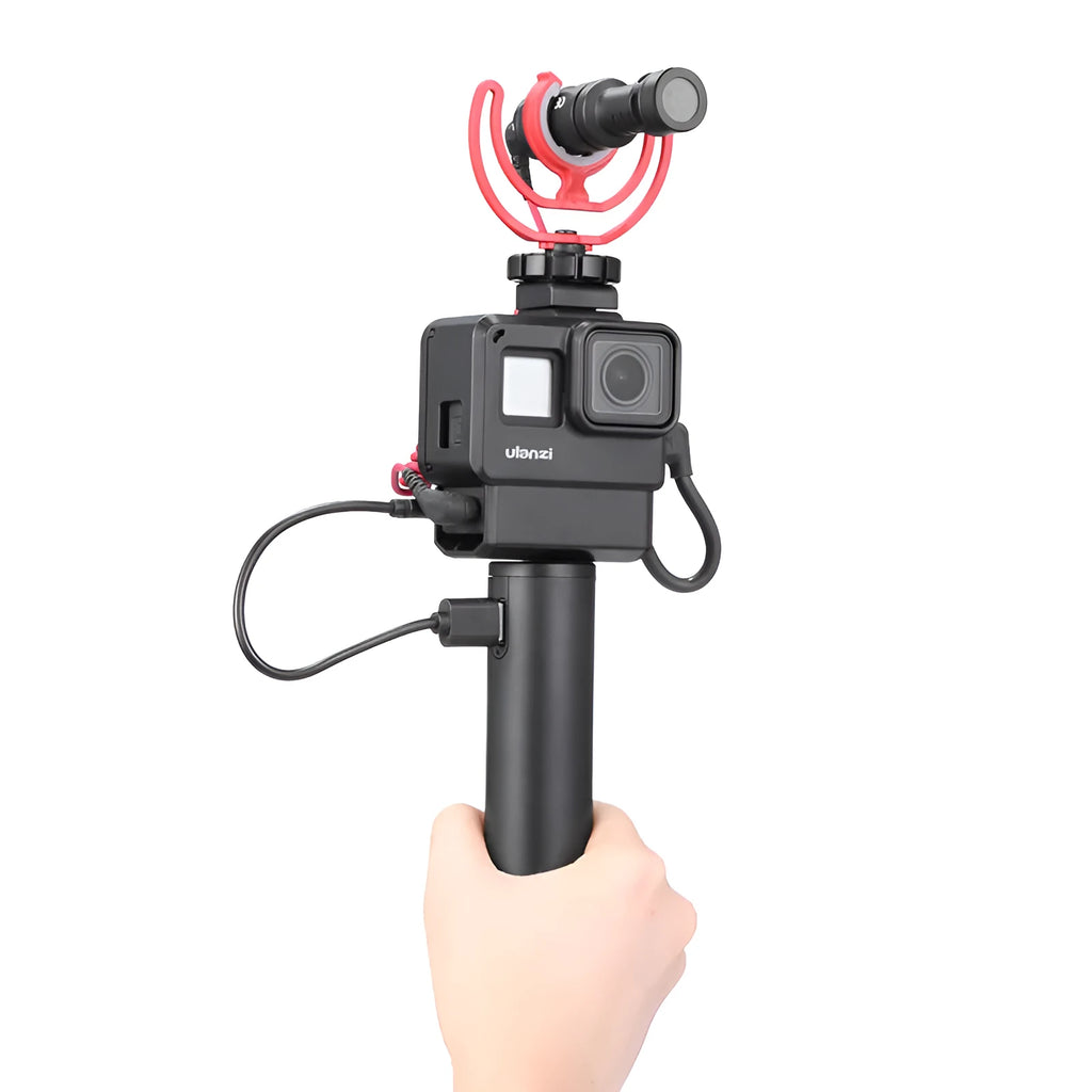 Black aluminium alloy portable power bank with a carry handle, showing compact size