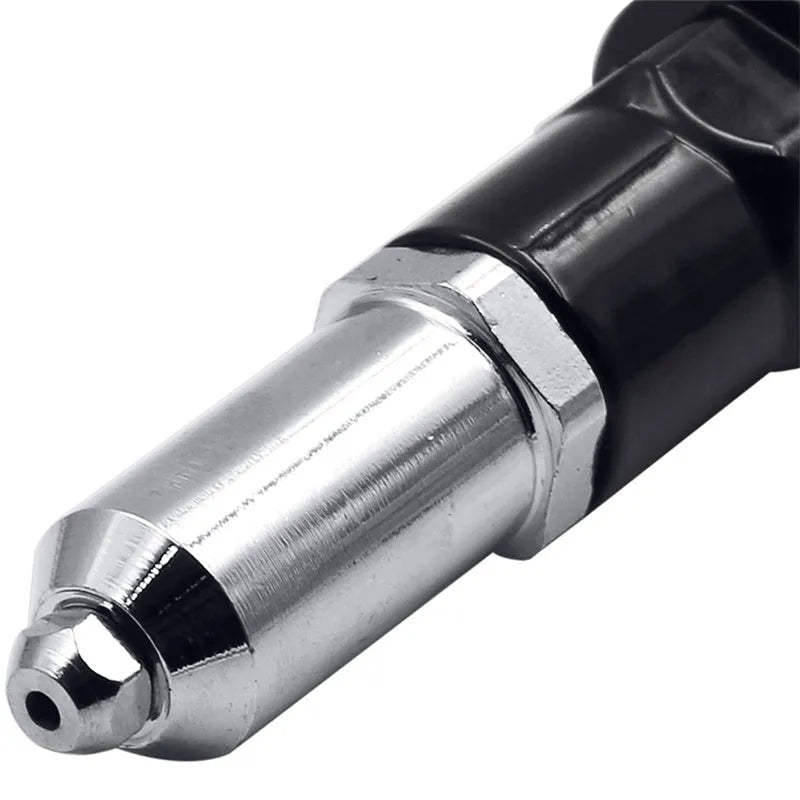Black metal electric drill rivet gun attachment with alloy steel head, shown with handle, wrench, and four rivet heads.