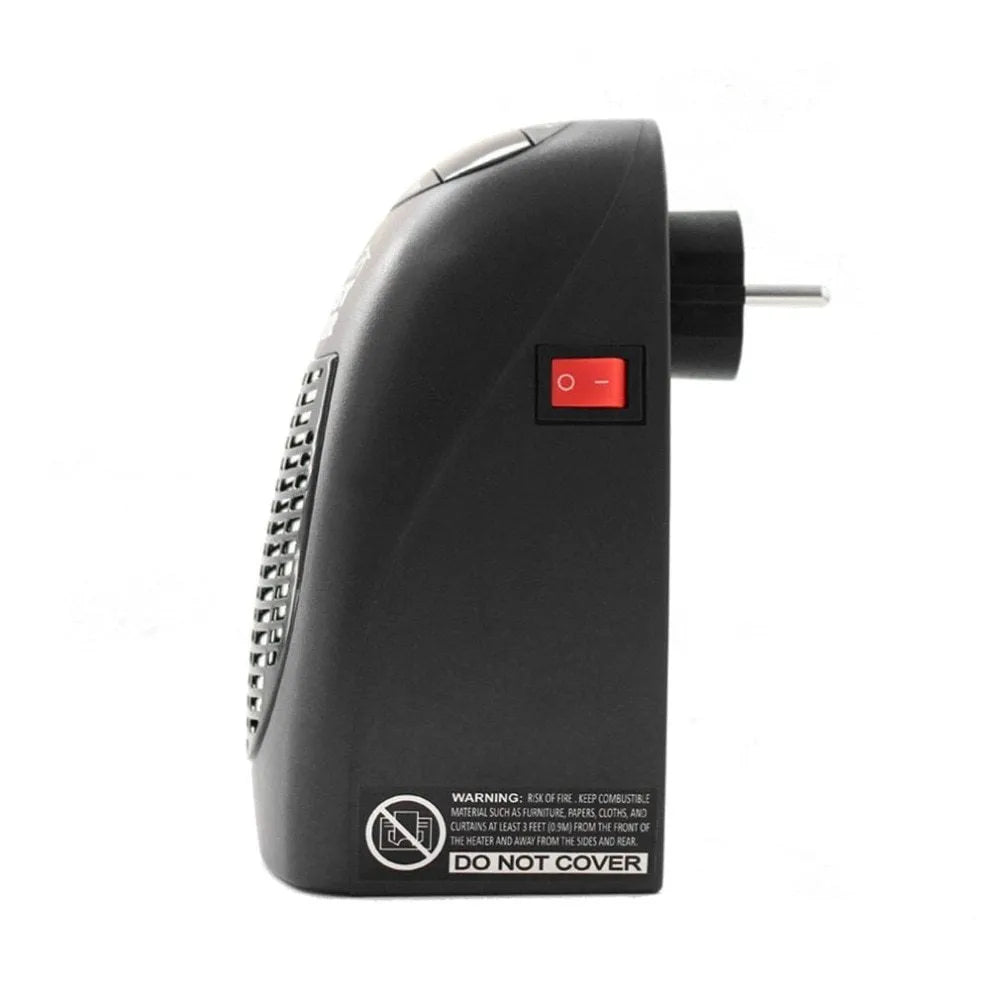 Black compact ceramic electric heater with digital display and a rotating plug on a white background.