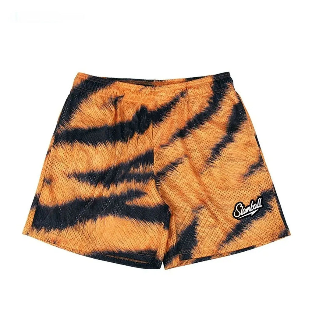 Men's leopard print fitness shorts with quick dry polyester fabric and milk silk lining