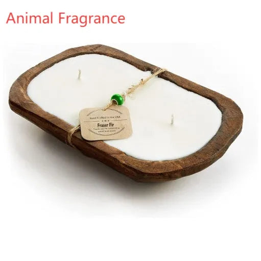 Lavender-scented soy wax candle in a wooden basin with a wooden wick
