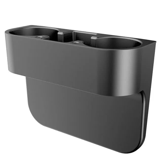 PP plastic car cup holder with two cup seats and sundries compartment in black, 21x28x10cm, for seat back mounting