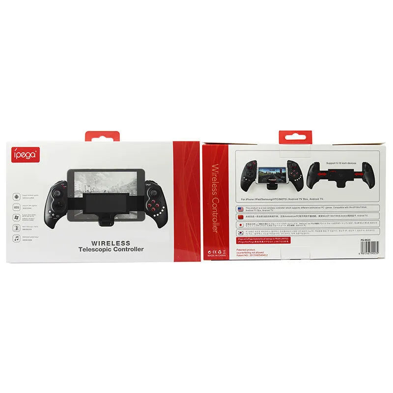 Wireless telescopic game controller extended to hold a mobile phone, showing USB port and buttons.
