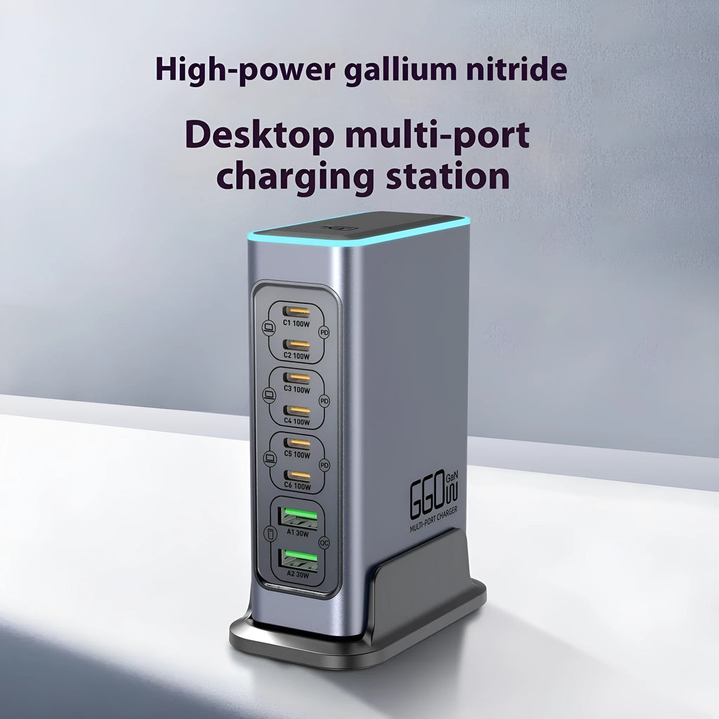 660W gallium nitride multi-port desktop charger with choice of international plug types.
