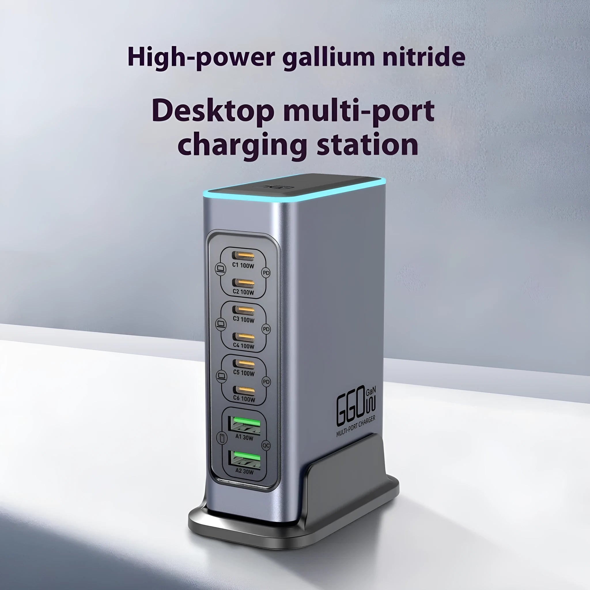 660W gallium nitride multi-port desktop charger with choice of international plug types.