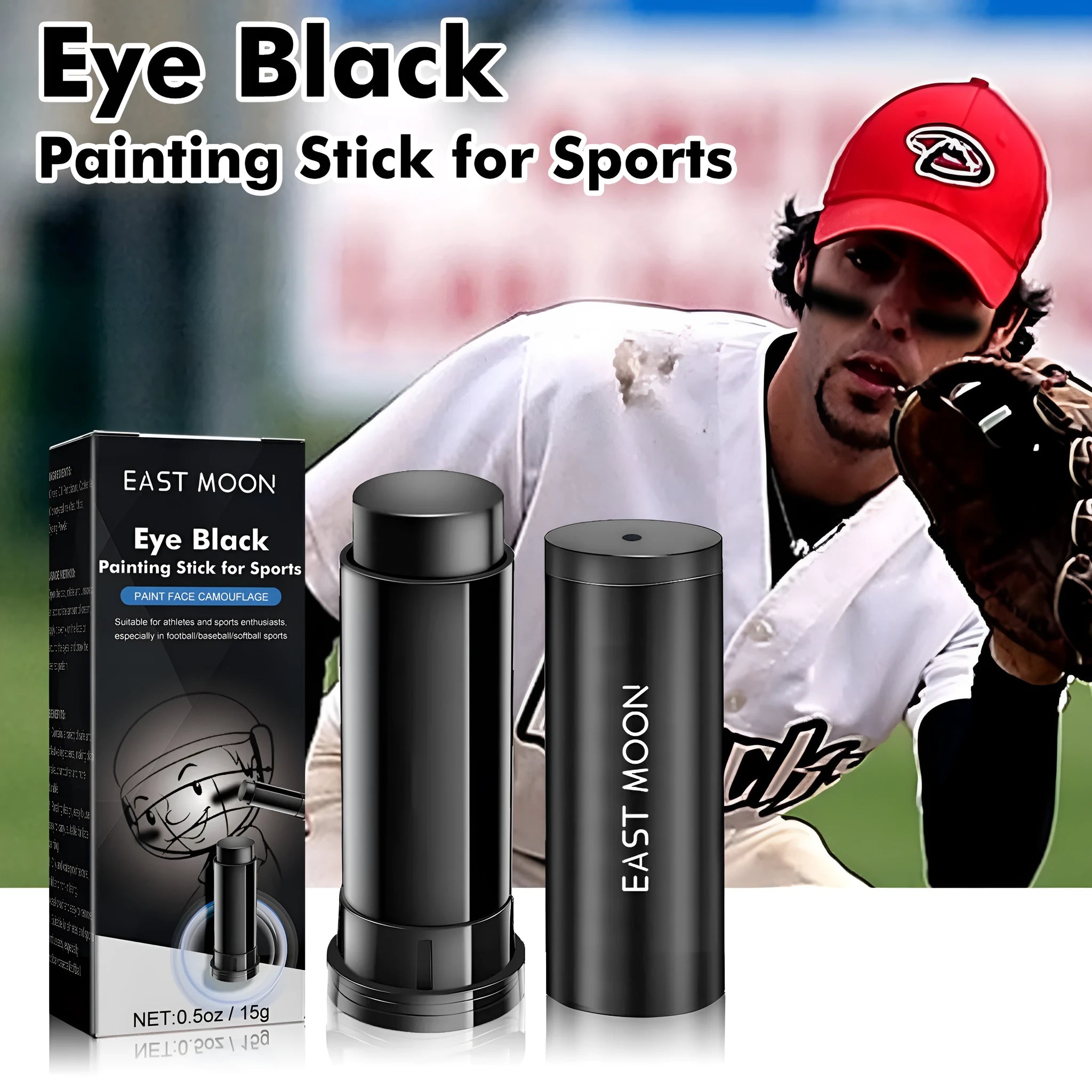 Sports eye black paint stick for baseball athletes with sweat-proof formula in 15g packaging