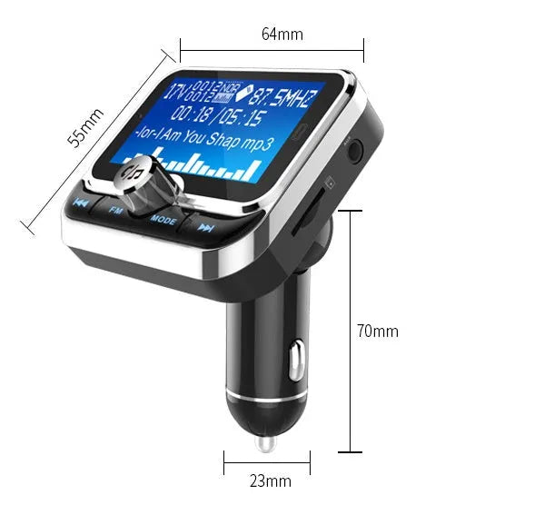 Silver car MP3 player with LCD display, Bluetooth, USB charging, and TF card slot